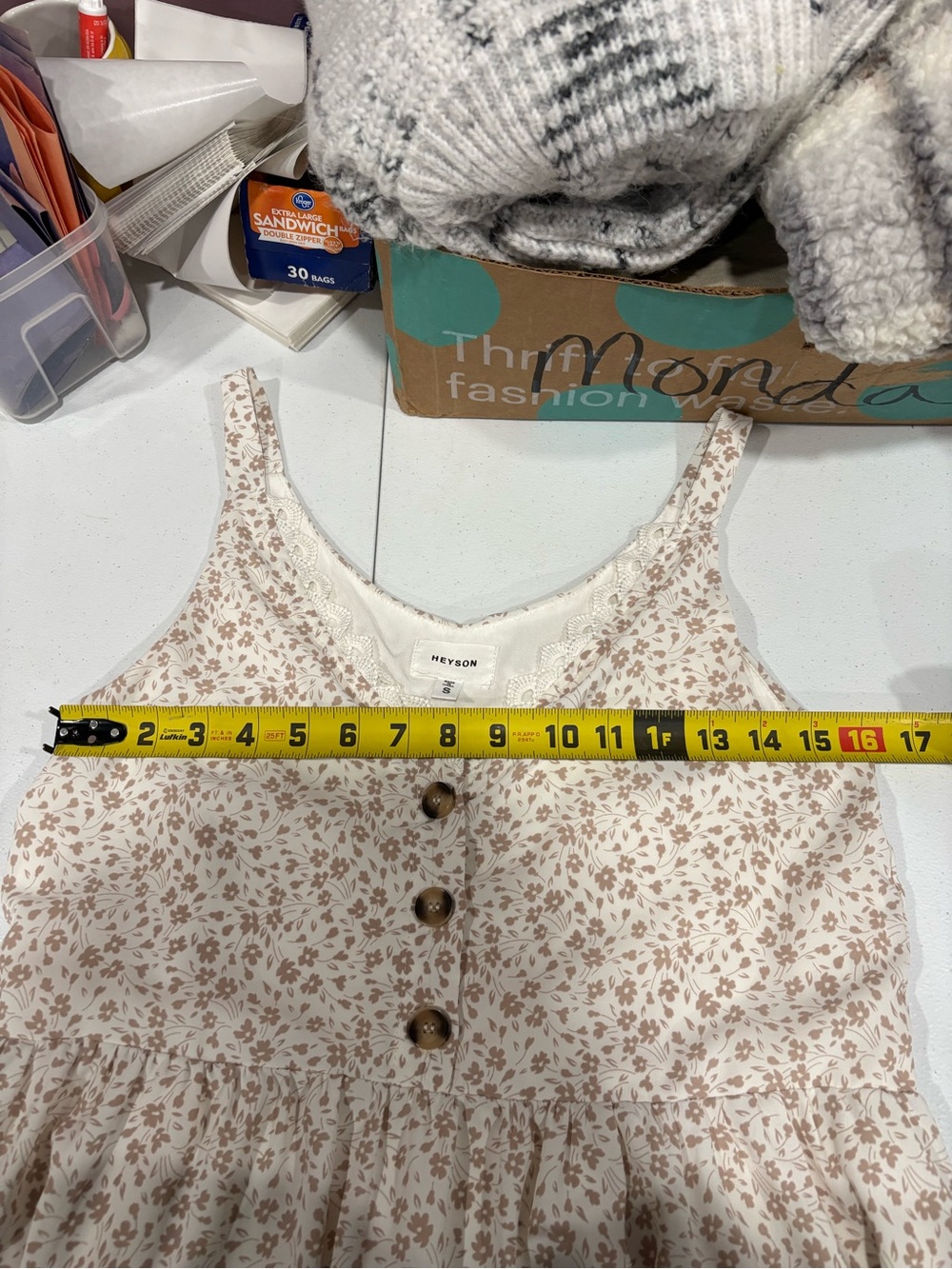 Heyson Floral Babydoll Dress Small Cream Ditsy Floral Lace Trim Cottagecore - Picture 7 of 8